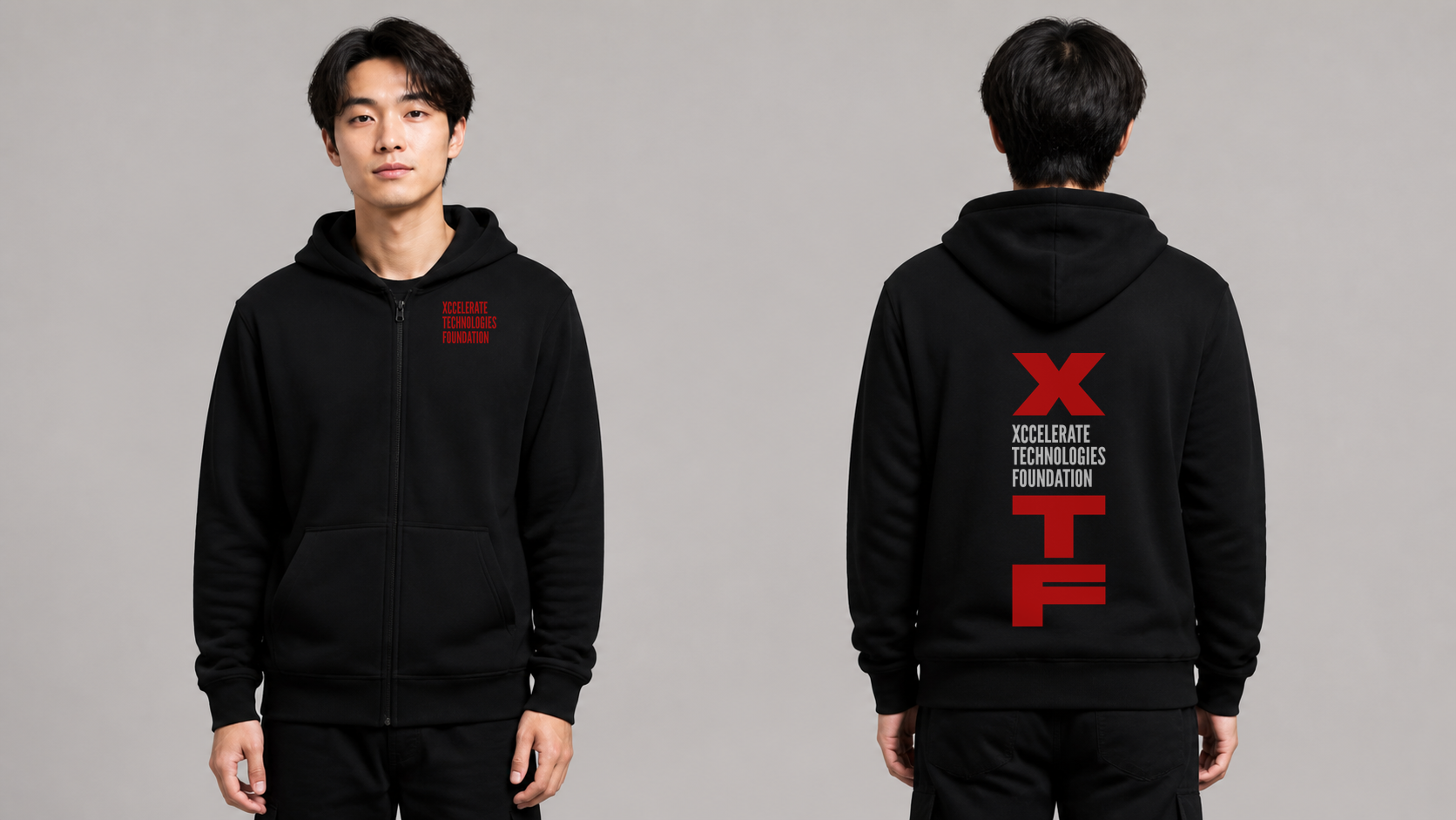 Asian student wearing a black XTF hoodie, shown from the front and back with a small chest name field and an optically centred vertical signature below the hood