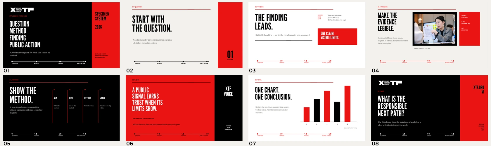 Preview montage of the eight-slide XTF editable design template